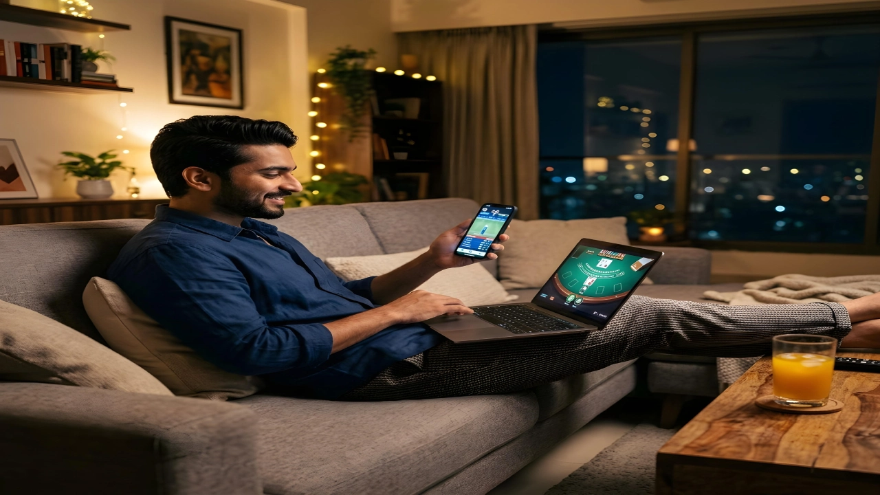 Man relaxing at home using laptop and smartphone for online betting and casino gaming at night 